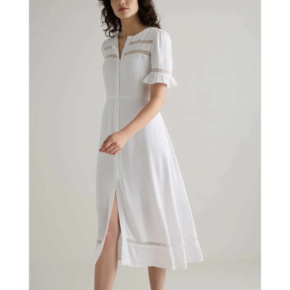 Quince Organic Crepe Lace Insert Midi Dress Ivory White XL NWT